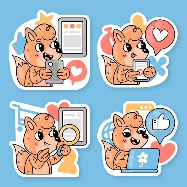 Vetor coleção de adesivos de redes sociais com fred the fox)