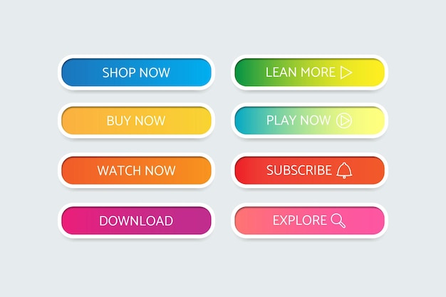 Coleção de botões diferentes cores de gradiente e ícones no fundo branco
