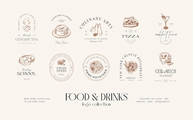 Coleção de design de logotipo desenhado à mão de alimentos e bebidas para identidade de marca ou embalagem