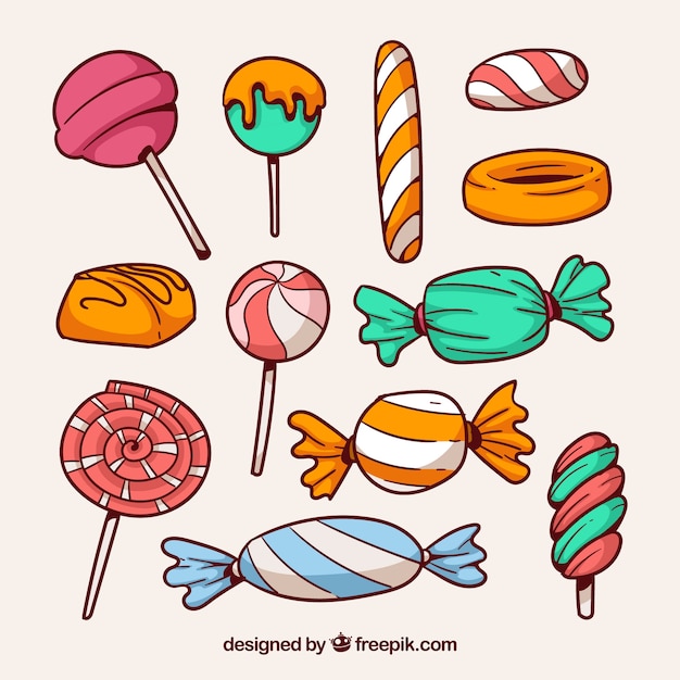 Vetor coleção de doces coloridos na mão desenhada estilo