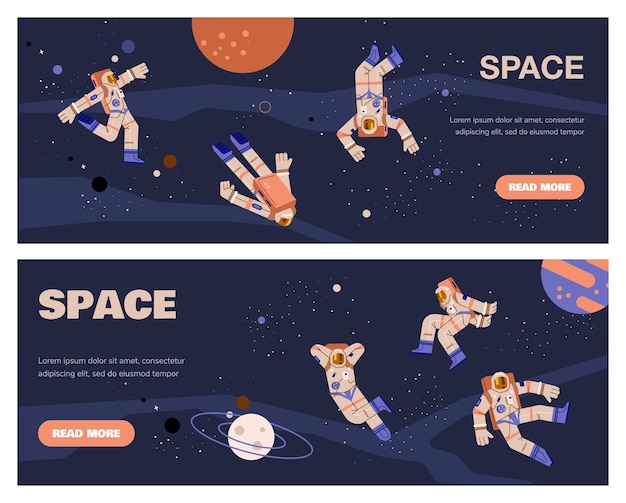 Vetor coleção de folhetos horizontais espaciais com ilustração vetorial plana de astronautas