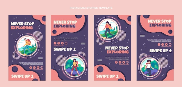 Coleção de histórias instagram com design plano natureza trekking