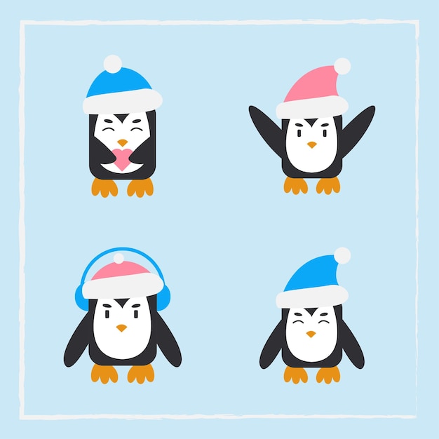 Vetor coleção de ilustração de doodle de pinguim fofo