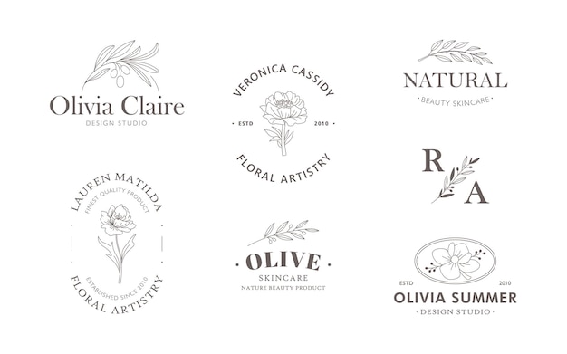 Coleção de modelos de logotipos florais e botânicos desenhados à mão