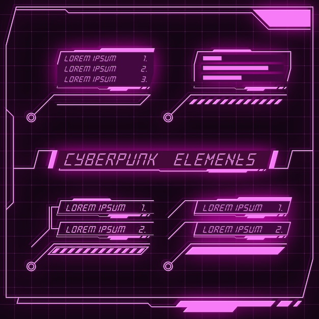 Vetor coleção de painel futurista de scifi de elementos de hud gui vr ui design cyberpunk neon brilho estilo retro