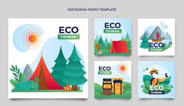 Coleção de postagens do instagram de ecoturismo gradiente