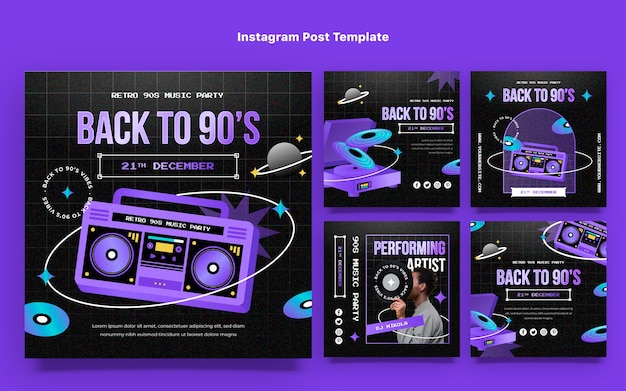 Coleção de postagens do instagram de festa dos anos 90 de textura gradiente