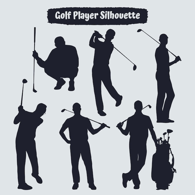 Coleção de silhuetas masculinas de jogadores de golfe em diferentes poses