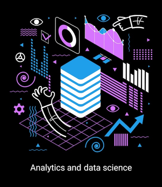Conceito de análise de dados de tecnologia de pesquisa de dados e ciência Conceito isométrico de design plano moderno