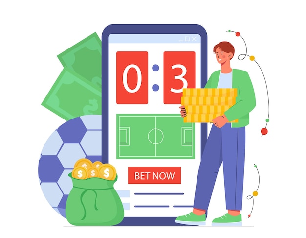 Vetor conceito de aplicação esportiva de apostas on-line jovem com moedas de ouro no fundo do smartphone jogos de azar e fortuna previsões para esportes e futebol cartoon ilustração vetorial plana