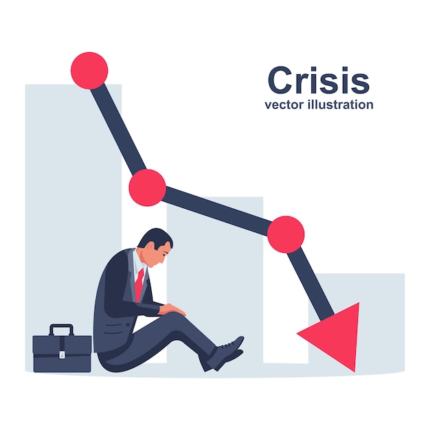 Vetor conceito de crise financeira. falha no colapso do problema. empresário chorando está sentado sob o gráfico caindo. perda de renda. capital perdido. redução de custos. design plano de vetor. diagrama decrescente. baixo lucro.