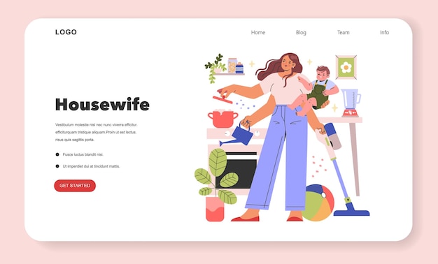 Vetor conceito de dona de casa uma mãe multitarefa cozinha limpa e cuida de uma criança em casa tarefas domésticas