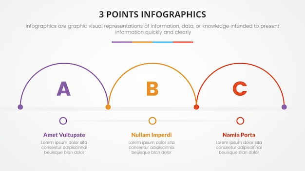 Conceito de infográfico de 3 pontos ou estágios com meio círculo circular para apresentação de slides