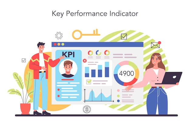 Vetor conceito de kpi indicadores-chave de desempenho formulário de teste de avaliação de funcionários e relatório de revisão de desempenho do trabalhador desenvolvimento de funcionários de gerenciamento de equipe ilustração vetorial plana isolada