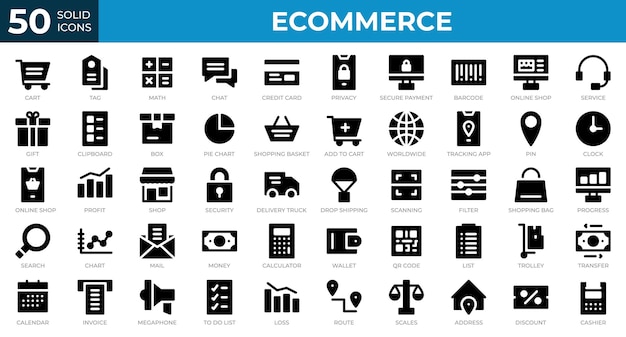 Conjunto de 50 ícones da web de comércio eletrônico em estilo sólido Fatura de carrinho de cartão de crédito Coleção de ícones sólidos Ilustração vetorial