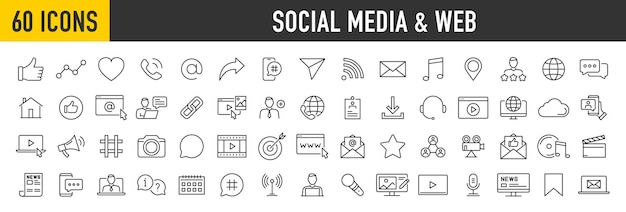 Vetor conjunto de 60 ícones de mídia social e web em estilo de linha análise de dados blogging seo gestão de marketing digital mensagem coleção de telefone ilustração vetorial