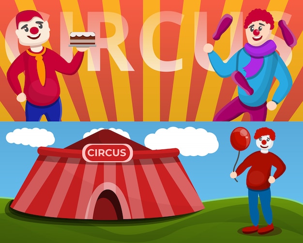 Conjunto de banner de palhaço de circo, estilo cartoon