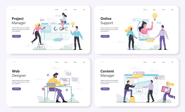 Vetor conjunto de banner do conceito web er. profissões da web, como gerente de conteúdo e suporte online. ilustração em grande estilo