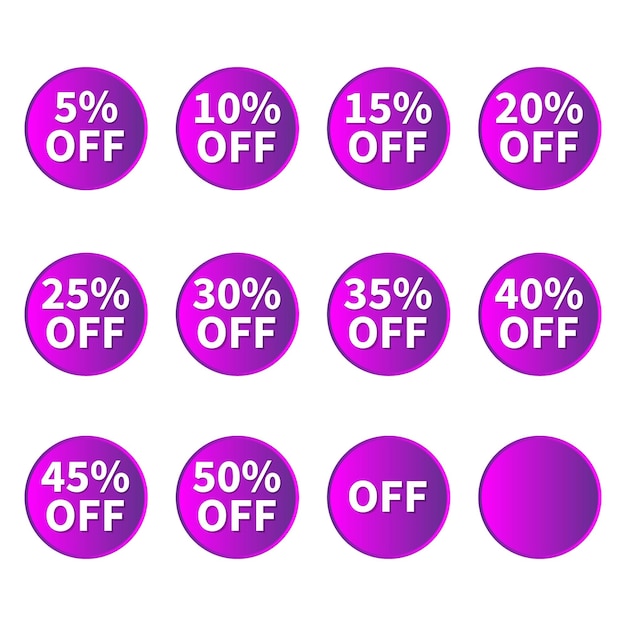 Vetor conjunto de botões de marca de porcentagens de desconto rosa e roxo com gradiente