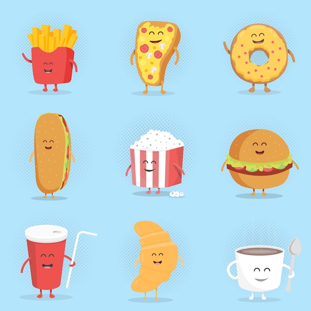 Conjunto de caracteres de fast-food bonito dos desenhos animados