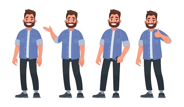 Conjunto de caracteres um homem barbudo bonito em roupas casuais em poses diferentes