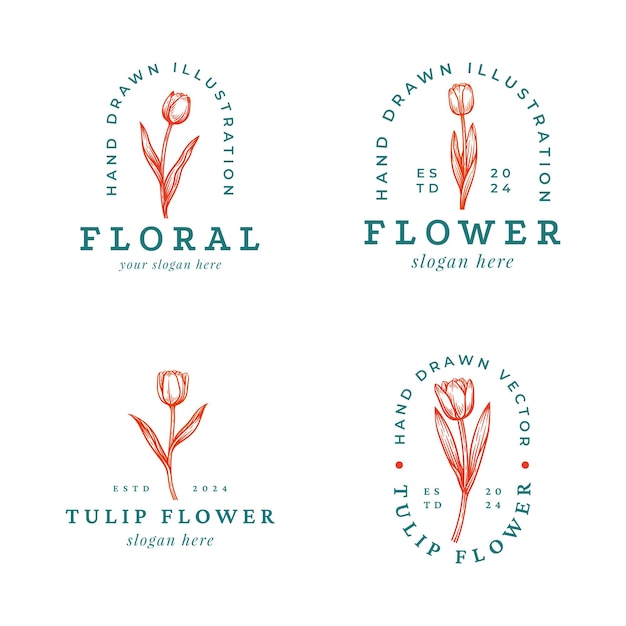 Vetor conjunto de desenho à mão de flor de tulipa logotipo floral emblema botânico coleção de design