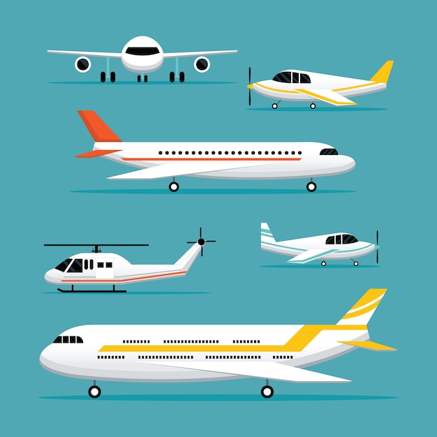 Vetor conjunto de design plano de aviões, aeronaves, objetos a jato de luz