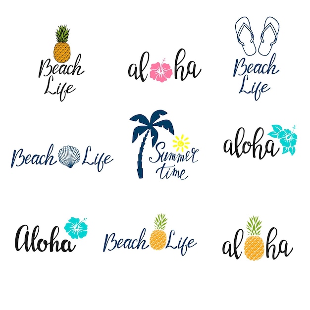 Conjunto de frases de verão da rotulação com elementos de design isolados no fundo branco. Tipografia de verão para sobreposições de fotos, impressão de t-shirt, folheto, design de cartaz. Mensagem de vida na praia, ilustração vetorial