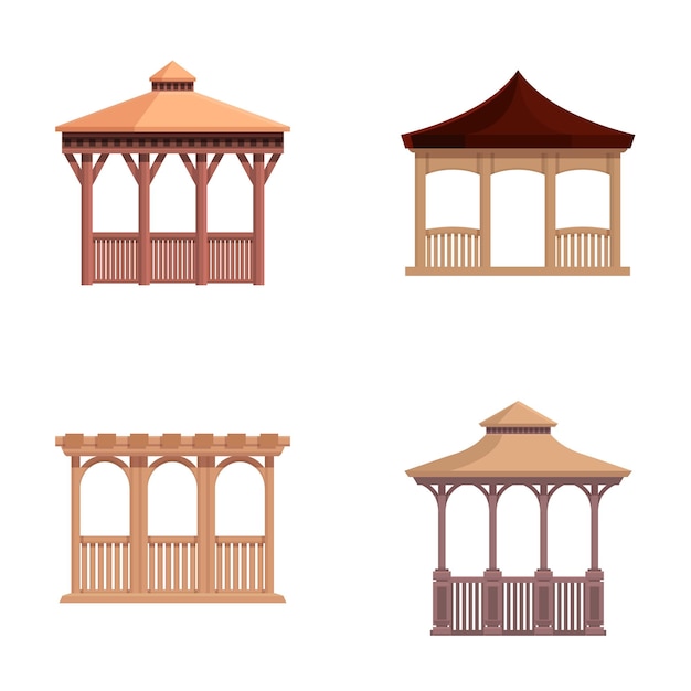 Vetor conjunto de gazebos de madeira de estilo desenho animado