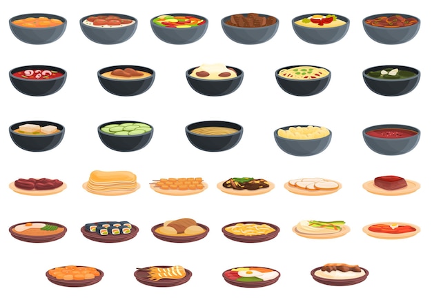 Conjunto de ícones da culinária coreana. Conjunto de desenhos animados de ícones vetoriais de cozinha coreana para web design