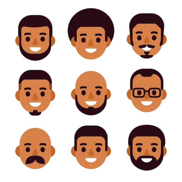 Conjunto de ícones de avatar de homem negro de desenho animado Retratos masculinos bonitos e simples com diferentes cortes de cabelo e pêlos faciais Ilustração em vetor design plano