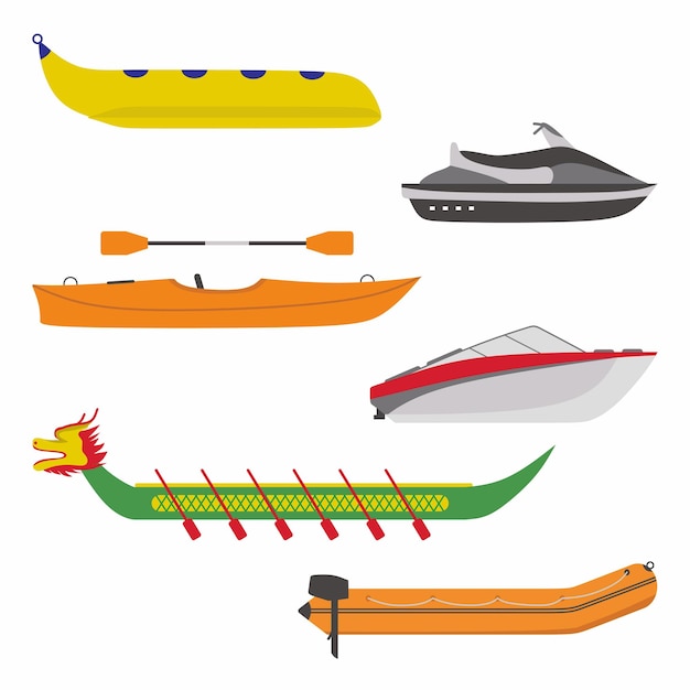 Vetor conjunto de ícones de barco ilustração plana de diferentes tipos de transporte de barco fluvial incluir banana boat speed boat barco inflável barco dragão e vetor de jet ski isolado no fundo branco