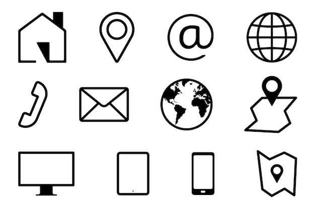 Vetor conjunto de ícones de contato comercial grupo de símbolos de comunicação para web e aplicativo móvel estilo de estrutura de tópicos