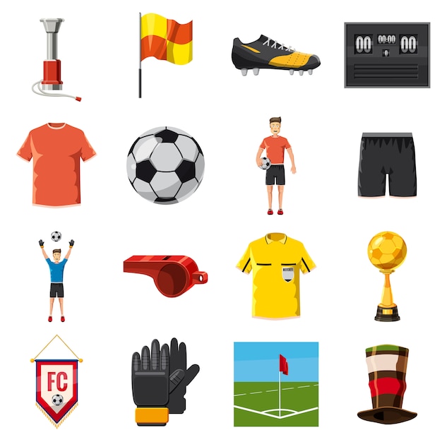 Conjunto de ícones de futebol de futebol, estilo cartoon