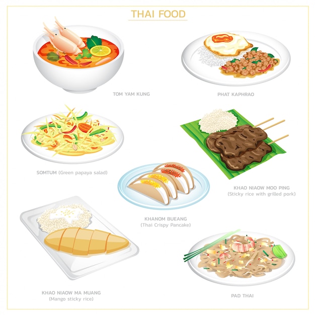 conjunto de ícones de ilustração de comida tailandesa, incluindo Pad Thai, salada de papaia, tom yam kung, phat kaphrao, arroz de manga, porco assado e panqueca crocante tailandesa. Isolado no branco