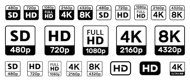 Conjunto de ícones de qualidade de vídeo. Sinais HD, Full HD, UHD, 4K, 8K, SD.