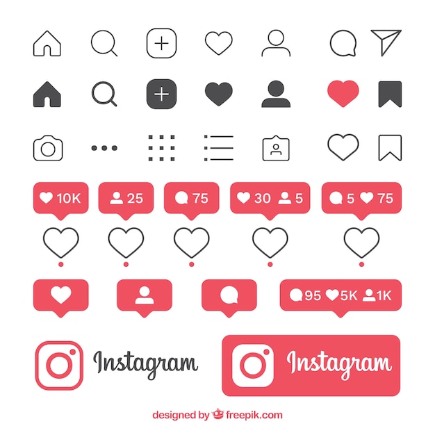 Conjunto de ícones e notificações do instagram plana