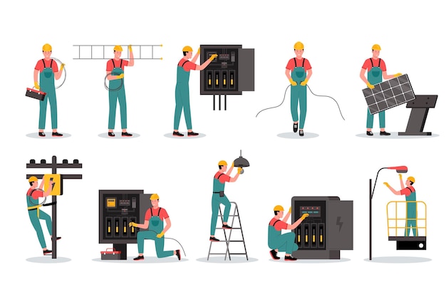 Conjunto de ilustração vetorial de trabalhadores elétricos