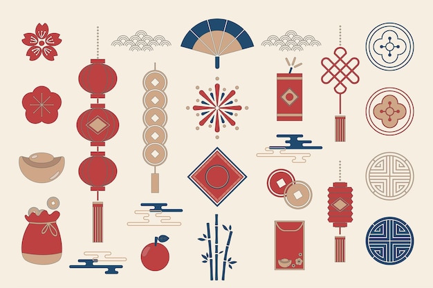 Vetor conjunto de ilustrações de elementos desenhados à mão de elementos tradicionais asiáticos chineses vermelhos e dourados com contorno