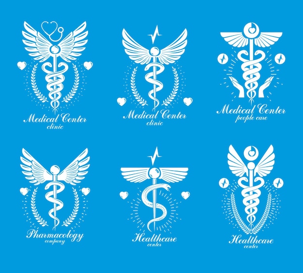 Vetor conjunto de logotipos vetoriais caduceus podem ser usados em cardiologia, reabilitação e como emblemas de clínica médica.