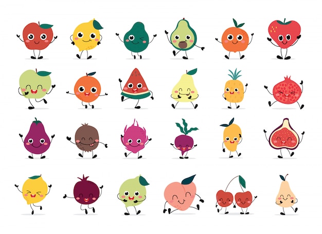 Conjunto de mão desenhada bonitos frutos felizes Vector