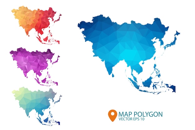 Vetor conjunto de mapa da ásia de fundo gráfico gradiente de estilo poli baixo triangular amassado geométrico