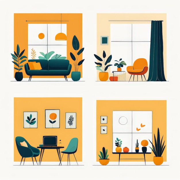 Vetor conjunto de plantas domésticas design de interiores moderno escritório de ilustração vetorial