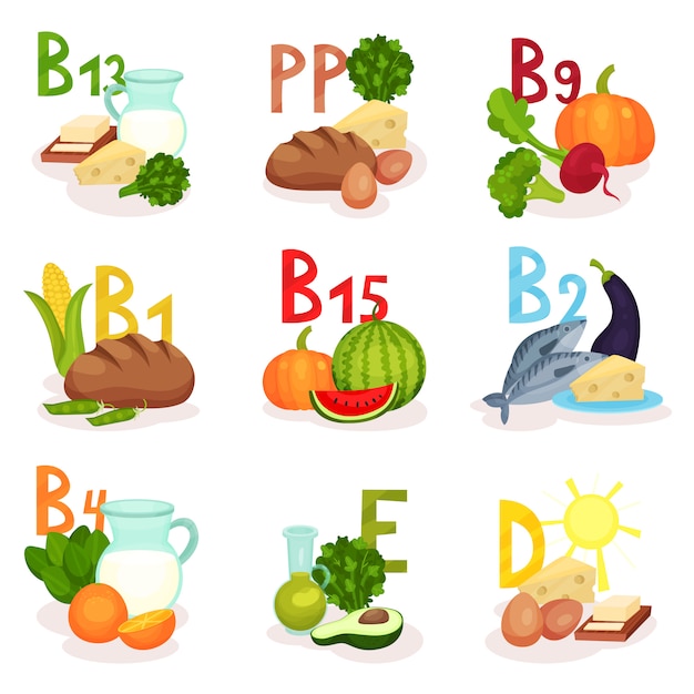 Vetor conjunto de produtos que contêm vitaminas diferentes. nutrição saudável. tema de comida. elementos para cartaz ou banner