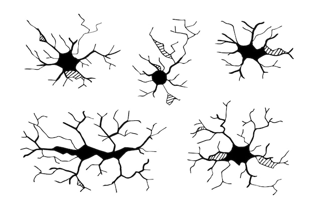 Conjunto de rachaduras de mão desenhada isolado no fundo branco. ilustração vetorial.