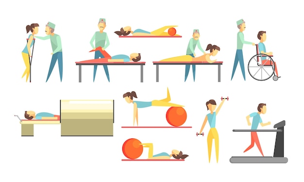 Conjunto de reabilitação médica Fisioterapeuta e doentes durante os procedimentos de rehabilitação Ilustração vetorial