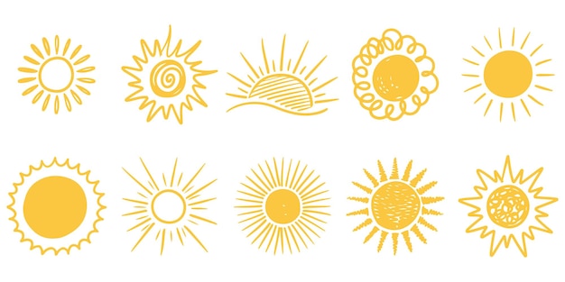 Conjunto de sol doodle isolado no fundo branco Ilustração em vetor elementos de design.