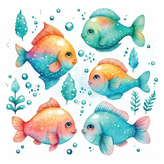 Conjunto de tinta aquarela de peixes fofos