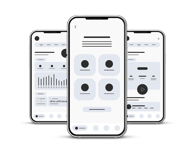 Conjunto de UI UX Wireframes, telas GUI de qualquer modelo de design plano de aplicativo para aplicativos móveis, design de sites.