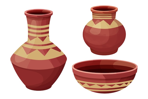 Conjunto de vaso de cerâmica africana feito de artefato tribal em ânfora estilo cartoon de argila